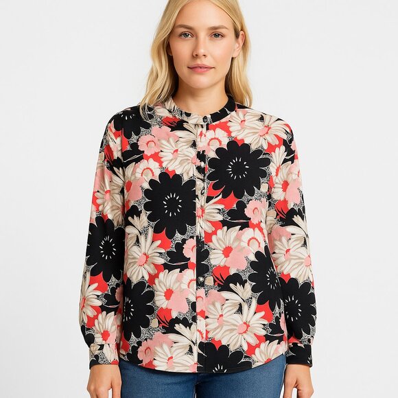 NIC+ZOE Black Pink White Floral Print Button Front Blouse Long Sleeve Size L - Picture 1 of 9
